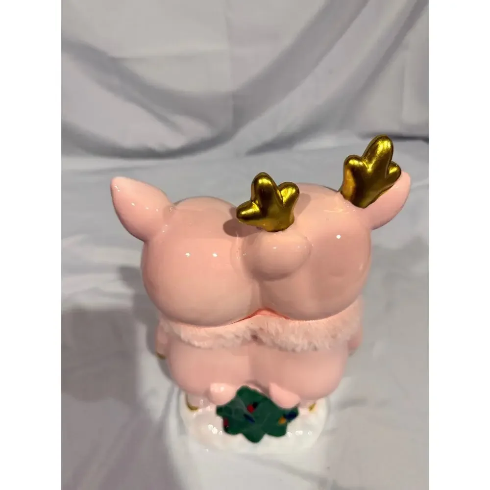 Bella Lux 11” Pink Reindeer Ceramic Figurine Christmas Decor Antlers Faux Fur